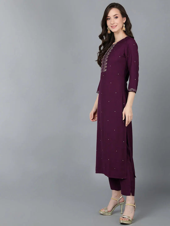 Ahika Women Burgundy Silk Solid Yoke Design Kurtas