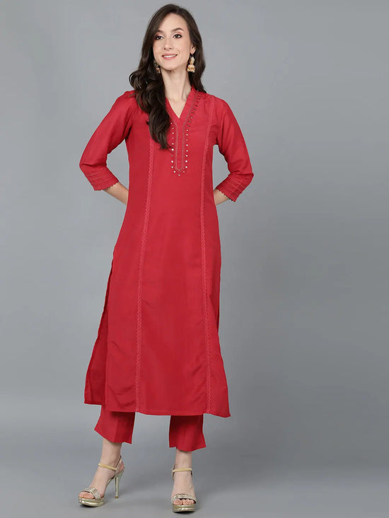 Ahika Women Red Silk Solid Yoke Design Kurtas