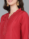 Ahika Women Red Silk Solid Yoke Design Kurtas