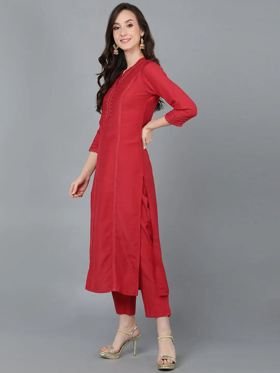 Ahika Women Red Silk Solid Yoke Design Kurtas