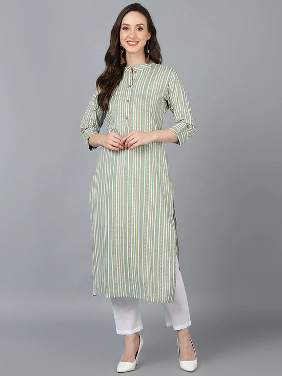 Ahika Women Green Cotton Striped Printed Kurta