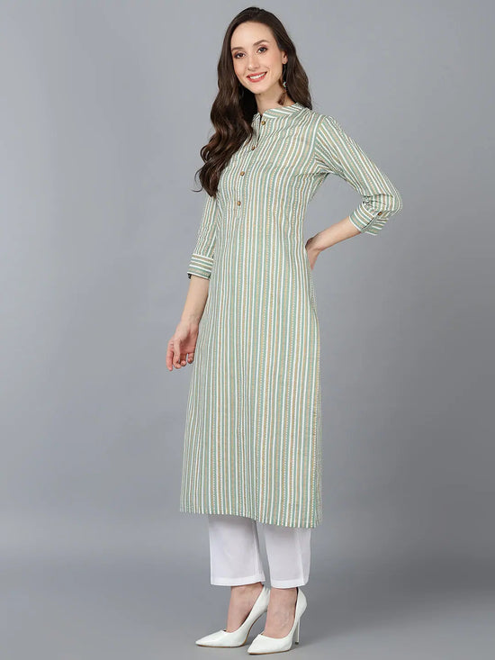 Ahika Women Green Cotton Striped Printed Kurta