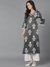 Ahika Women Grey Cotton Floral Printed Kurta