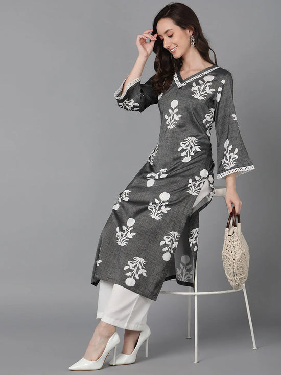 Ahika Women Grey Cotton Floral Printed Kurta