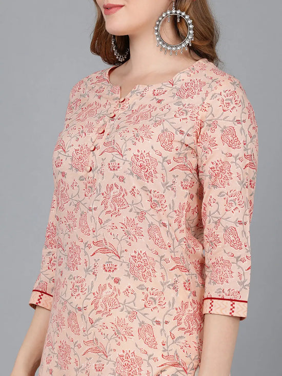 Ahika Women Peach Cotton Floral Printed Kurta