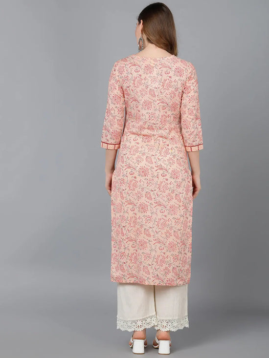 Ahika Women Peach Cotton Floral Printed Kurta