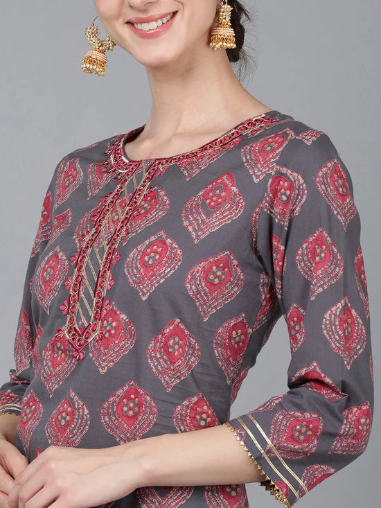 Ahika Women Mauve Cotton Geometric Printed Kurta 1