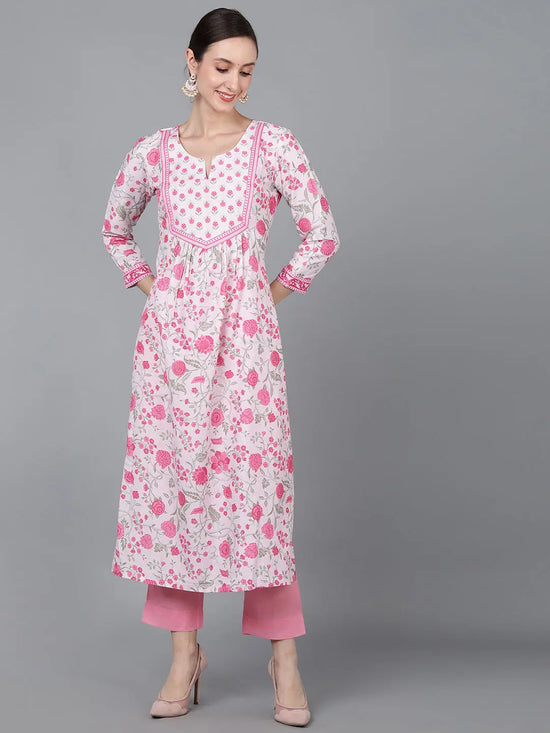 Ahika Women Pink Silk Floral Printed Kurta