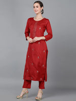 Ahika Women Red Silk Solid Kurta