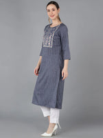 Ahika Women Blue Cotton Yoke Design Striped Kurta