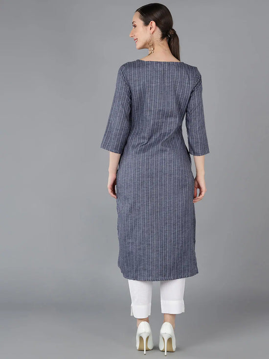 Ahika Women Blue Cotton Yoke Design Striped Kurta