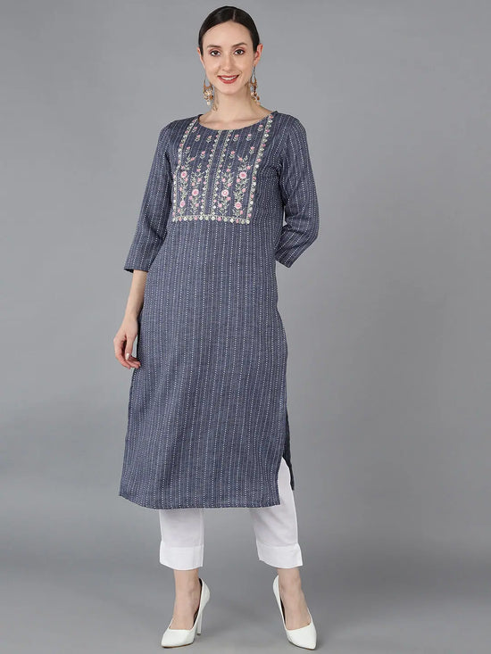 Ahika Women Blue Cotton Yoke Design Striped Kurta