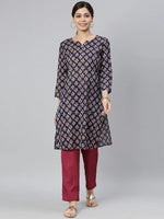 Ahika Women Navy Blue Beige Ethnic Motifs Printed Kurta