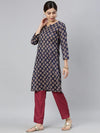 Ahika Women Navy Blue Beige Ethnic Motifs Printed Kurta