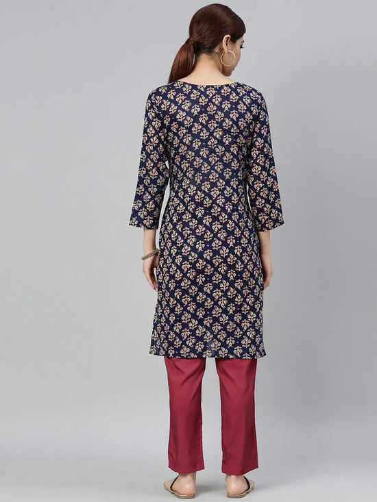 Ahika Women Navy Blue Beige Ethnic Motifs Printed Kurta