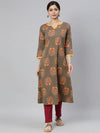 Ahika Women Taupe Yellow Floral Printed Kurta With Lace Detail