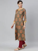 Ahika Women Taupe Yellow Floral Printed Kurta With Lace Detail