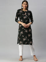 Ahika Women Cotton Black Floral Printed Straight Kurti 1