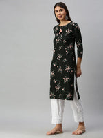 Ahika Women Cotton Black Floral Printed Straight Kurti 1