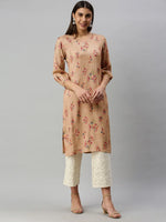 Ahika Women Cotton Beige Floral Printed Straight Kurti