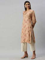 Ahika Women Cotton Beige Floral Printed Straight Kurti