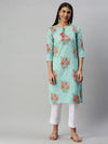 Ahika Women Cotton Blue Floral Printed Straight Kurti