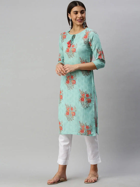 Ahika Women Cotton Blue Floral Printed Straight Kurti