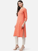 Ahika Women Peach Coloured White Cotton Printed Straight Kurta