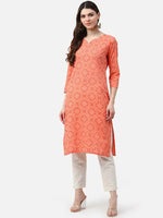 Ahika Women Peach Coloured White Cotton Printed Straight Kurta