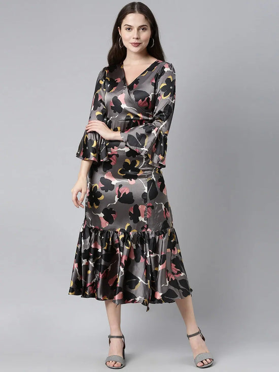 Ahika Women Polysatin Grey Floral Printed Dress