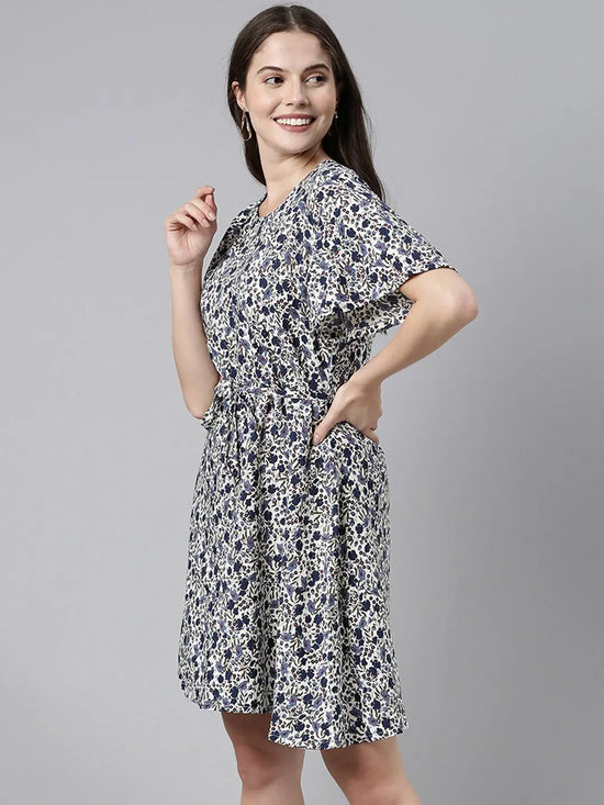 Ahika Women Off White Navy Blue Printed Fit Flare Dress