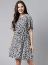 Ahika Women Off White Navy Blue Printed Fit Flare Dress