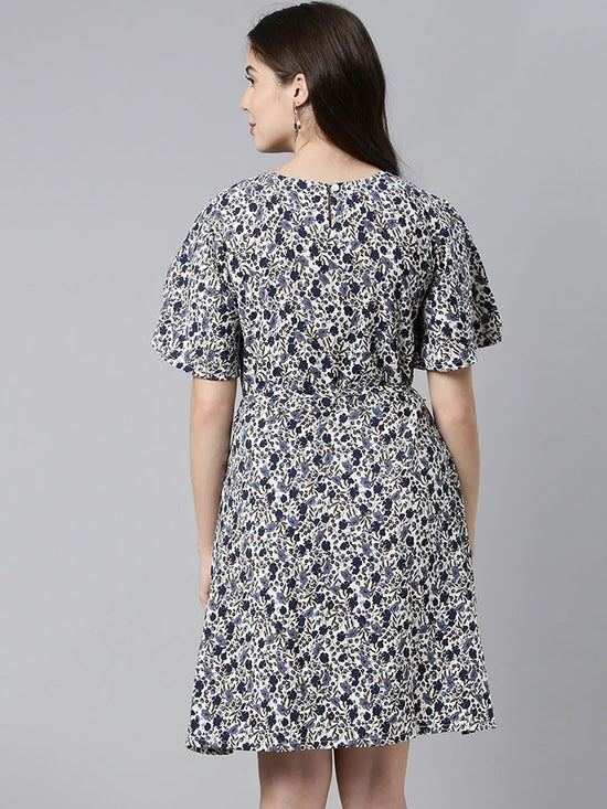 Ahika Women Off White Navy Blue Printed Fit Flare Dress