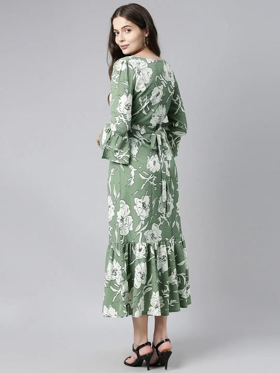 Ahika Green Floral Printed Chiffon Maxi Dress