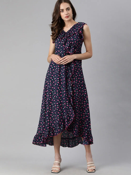 Ahika Navy Blue Floral Printed Georgette Maxi Dress