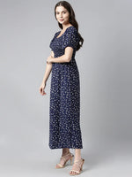 Ahika Navy Blue White Floral Printed Crepe Maxi Dress