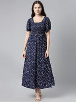 Ahika Navy Blue White Floral Printed Crepe Maxi Dress