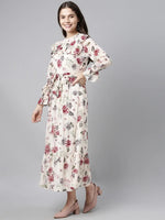 Ahika Off White Maroon Floral Printed Georgette A Line Midi Dress