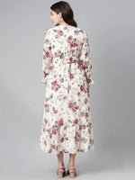 Ahika Off White Maroon Floral Printed Georgette A Line Midi Dress