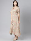 Ahika Women Pure Cotton Brown Pink Floral Print A Line Midi Dress