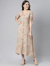 Ahika Women Pure Cotton Brown Pink Floral Print A Line Midi Dress