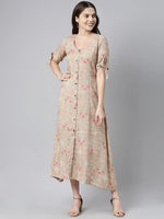 Ahika Women Pure Cotton Brown Pink Floral Print A Line Midi Dress