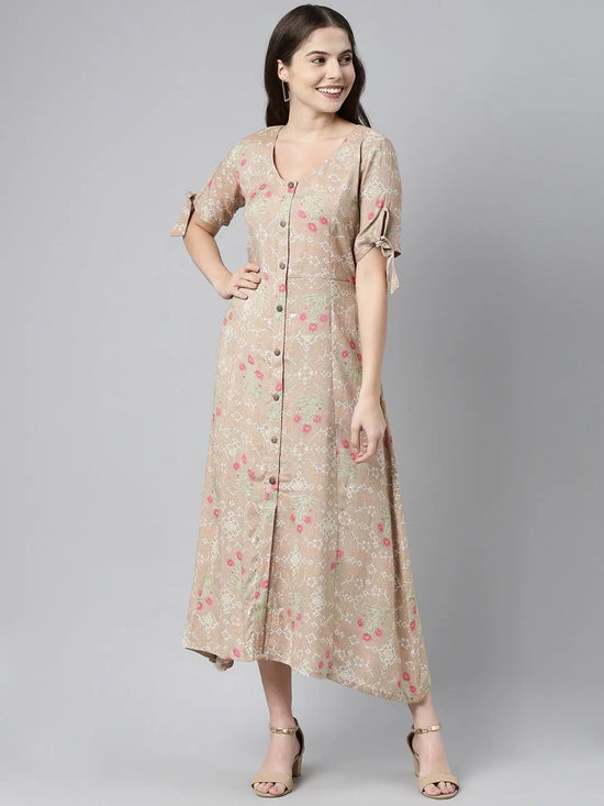 Ahika Women Pure Cotton Brown Pink Floral Print A Line Midi Dress