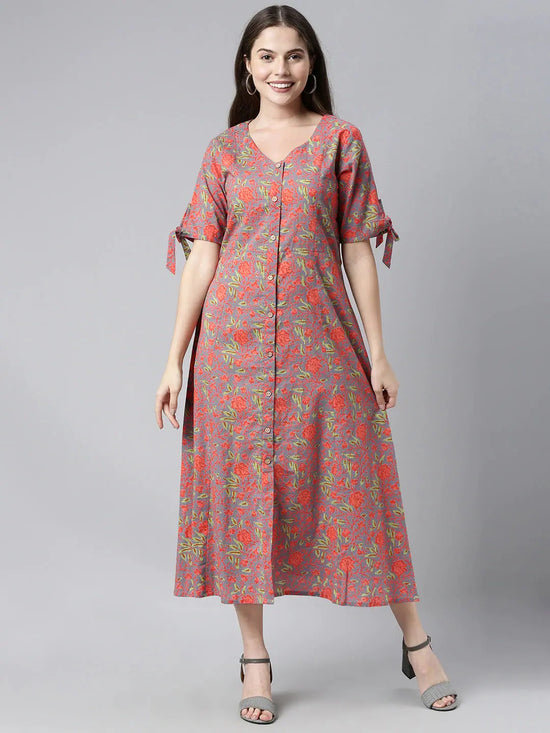 Ahika Grey Orange Floral Print Button Closure Tie Up Sleeve A Line Midi Dress