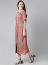 Ahika Grey Orange Floral Print Button Closure Tie Up Sleeve A Line Midi Dress