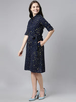 Ahika Navy Blue Poly Georgette Geometric Printed Sheath Dress With Belt