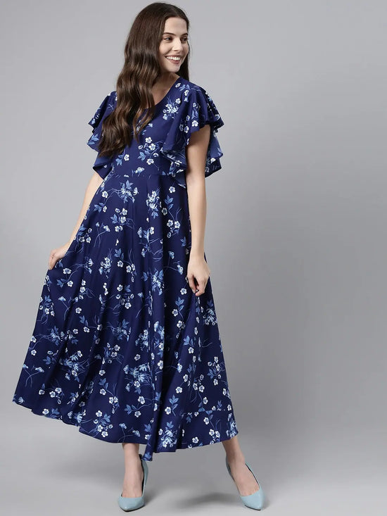 Ahika Navy Blue White Floral Print Flutter Sleeve Maxi Dress With Back Tie Ups