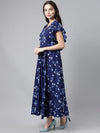 Ahika Navy Blue White Floral Print Flutter Sleeve Maxi Dress With Back Tie Ups