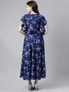 Ahika Navy Blue White Floral Print Flutter Sleeve Maxi Dress With Back Tie Ups