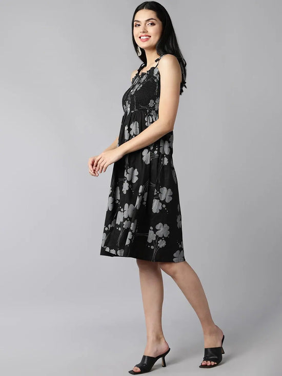 Ahika Black Cotton Floral Dress